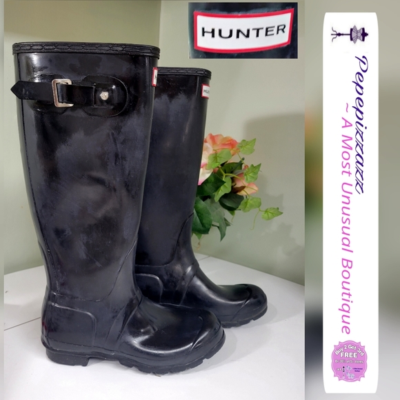Hunter Shoes - Hunter Womens 38 7 7.5 Original Tall Gloss Black Wellies Rain Boots